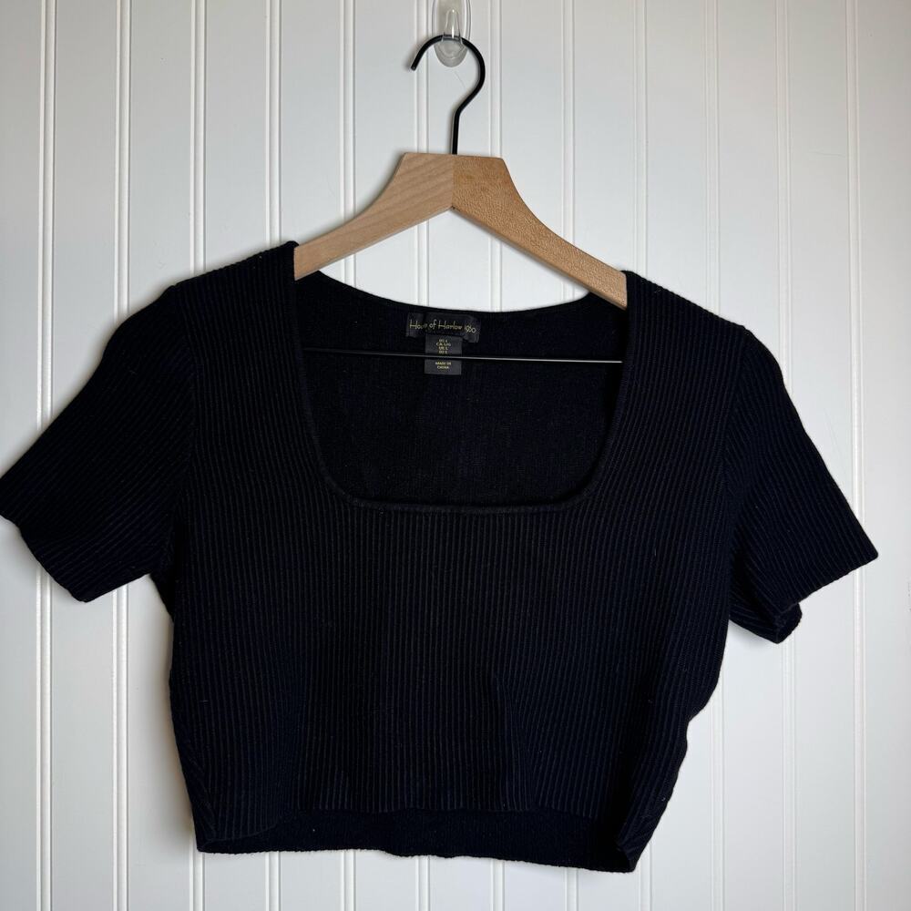 House Of Harlow Square Neck Ribbed Fitted Cropped Short Sleeve Women’s Size L